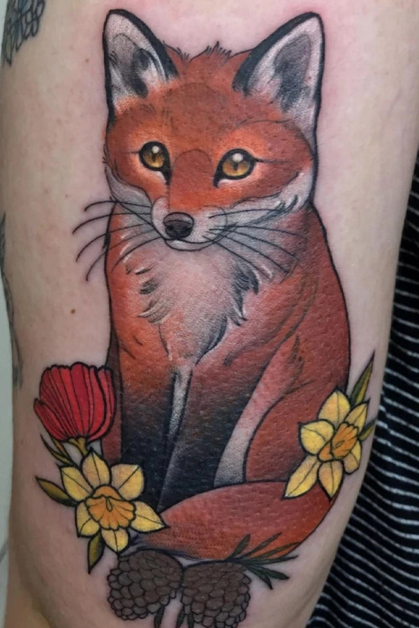 Neo traditional cute color fox and floral tattoo by Charlotte Timmons at Grit n Glory in New York City