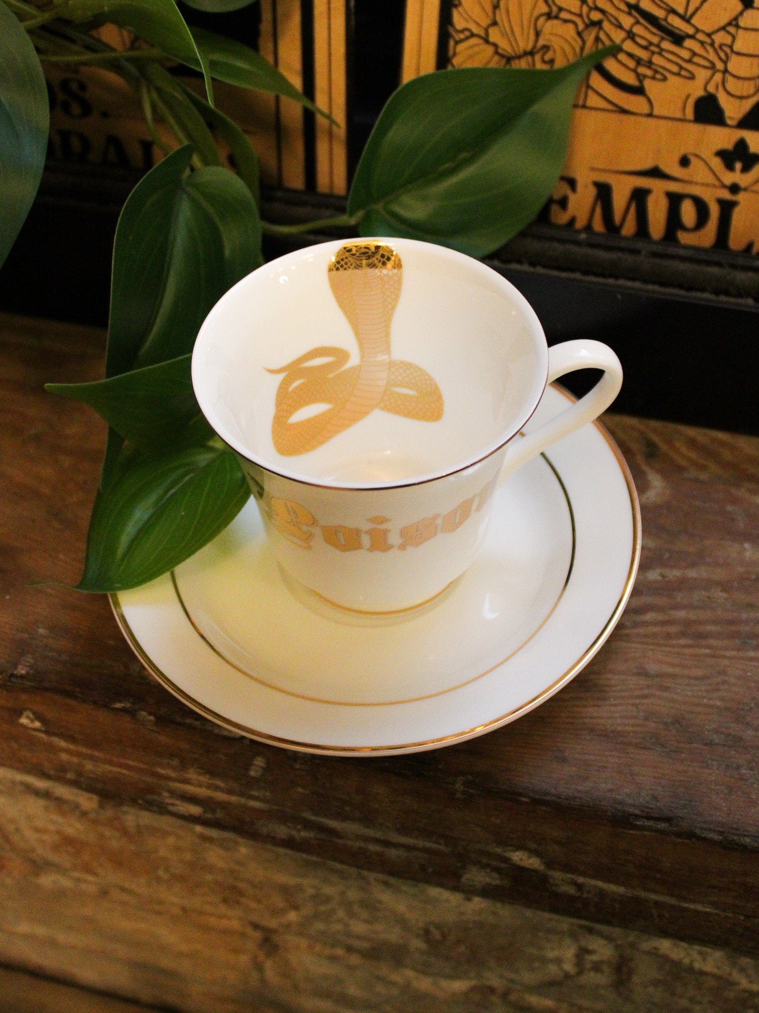 White china teacup with gold detailing reads "poison" with cobra snake on the inner cup and gold trim. 