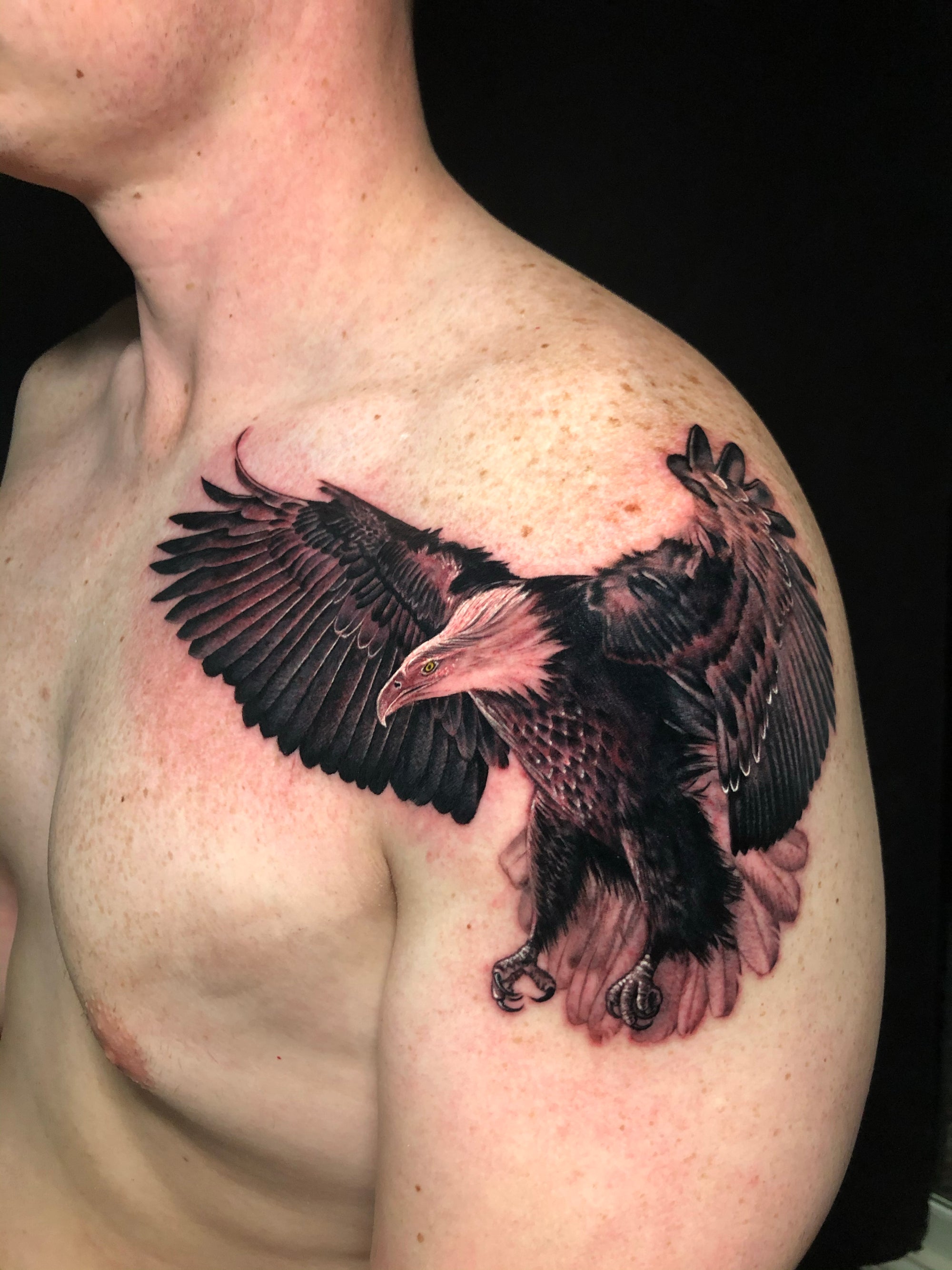 Realistic eagle shoulder and chest tattoo by Megan Massacre at Grit n Glory in New York City. Photo realistic eagle in flight tattoo spans from the upper arm, shoulder and across the chest. 