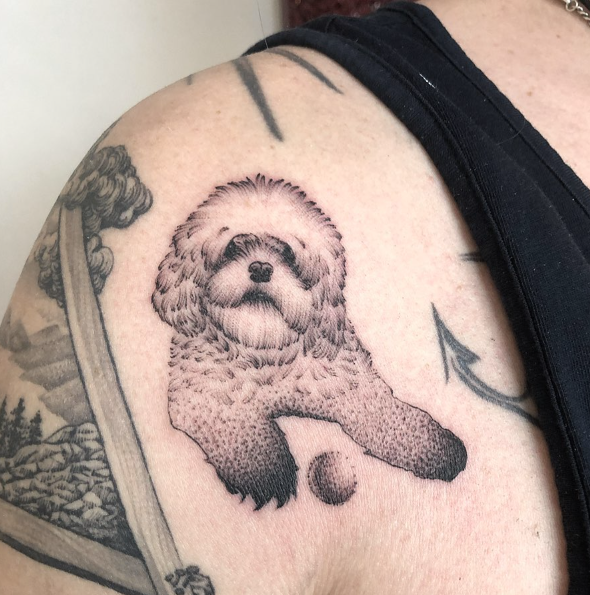 Shetland sheepdog tattoo located on the bicep,