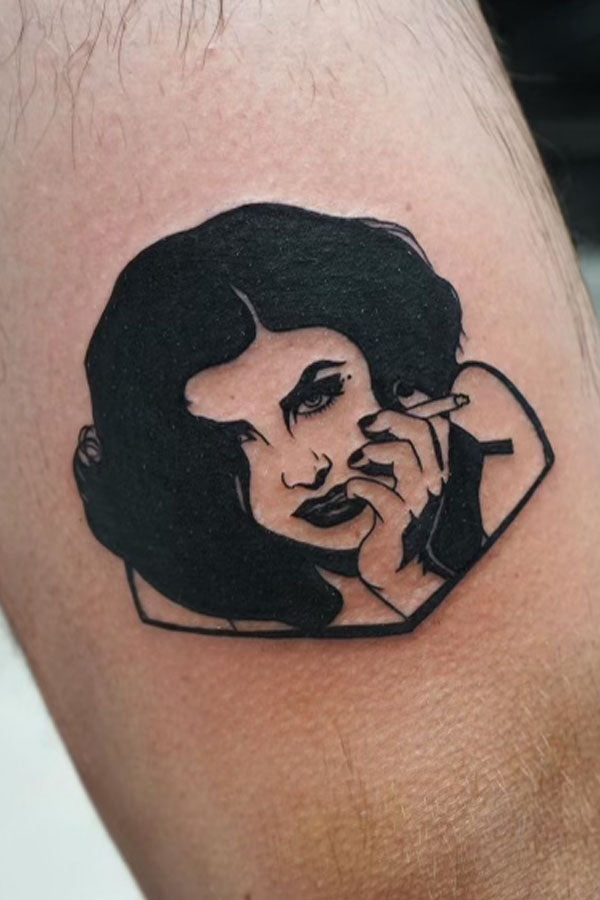 blackwork Twin Peaks Audrey Horne leg tattoo by Miss Vampira