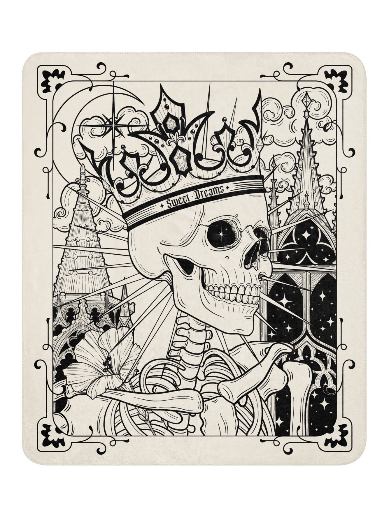 Slightly off white soft blanket with design made by Janice Danger. Skeleton wearing a crown that reads "sweet dreams" with gothic architectural details, florals and a crescent moon. 