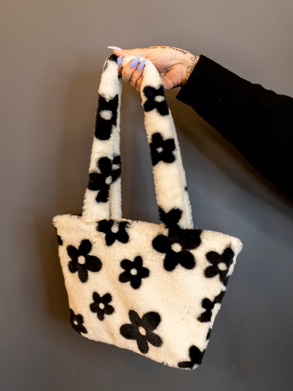 White fluffy bag with black flowers sale